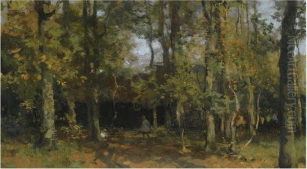 A Girl In The Woods Near A Barn Oil Painting by Willem Bastiaan Tholen