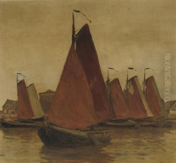 Moored Botters In A Harbour Oil Painting by Willem Bastiaan Tholen