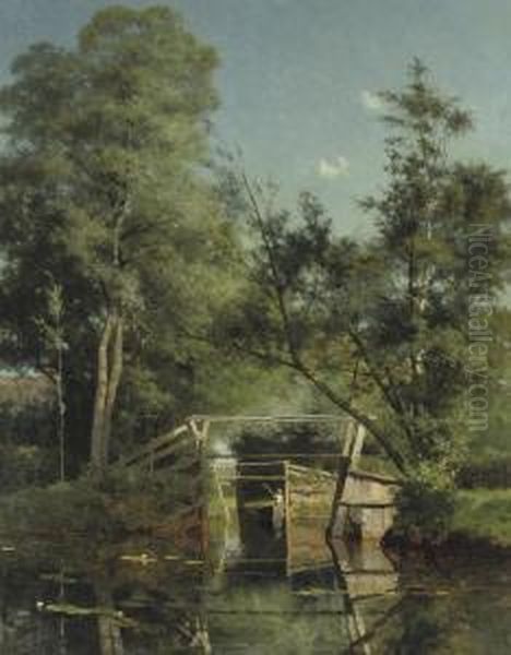 Landschap Te Giethoorn: Punting On Calm Water Near A Bridge Oil Painting by Willem Bastiaan Tholen