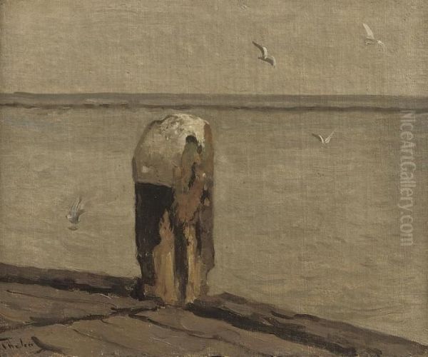 De Meerpaal; A Quiet Sea Oil Painting by Willem Bastiaan Tholen