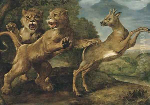 Two lions attacking a stag Oil Painting by Frans Snyders