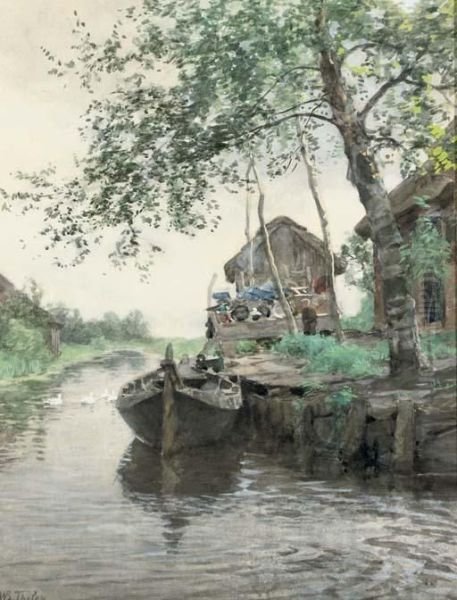 Woning Aan 't Water: Activities By The Water, Giethoorn Oil Painting by Willem Bastiaan Tholen