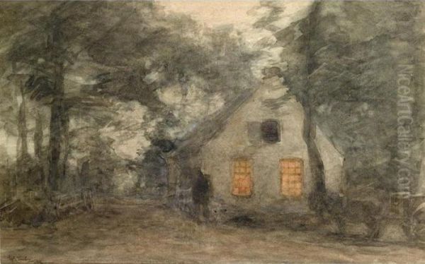 Figures Near A House At Dusk Oil Painting by Willem Bastiaan Tholen