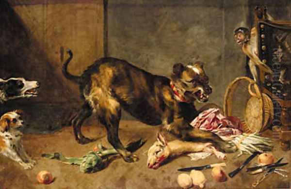 A hound guarding animal lights from other dogs with lemons Oil Painting by Frans Snyders