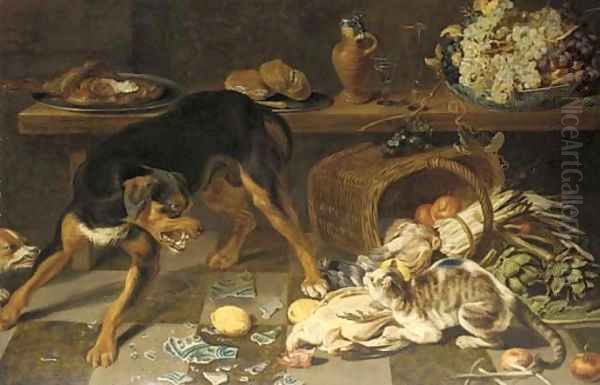 Dogs and cats fighting in a kitchen Oil Painting by Frans Snyders