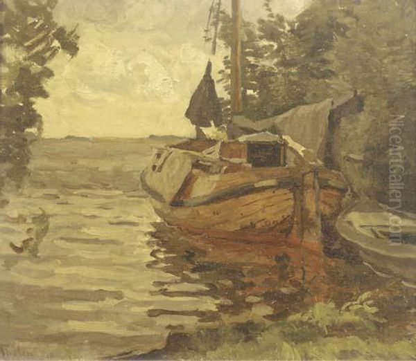 A Moored Barge Oil Painting by Willem Bastiaan Tholen