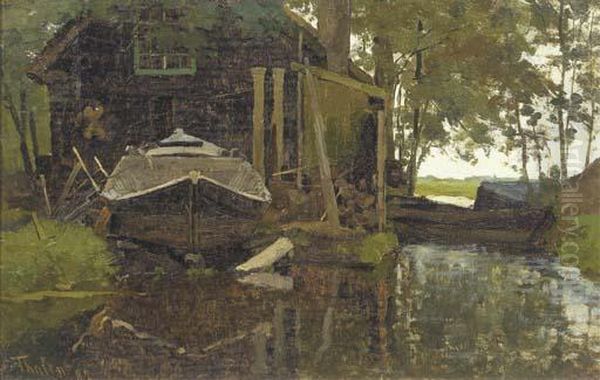 Werfje Van Schreurs, Giethoorn: A Wharf In Giethoorn Oil Painting by Willem Bastiaan Tholen