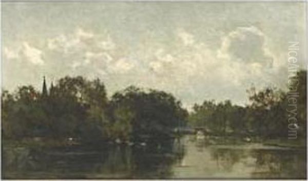 A View Of A Park With Ducks In A Pond Oil Painting by Willem Bastiaan Tholen