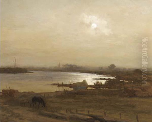 A Moonlit Bend In The River Ijssel Near Kampen Oil Painting by Willem Bastiaan Tholen