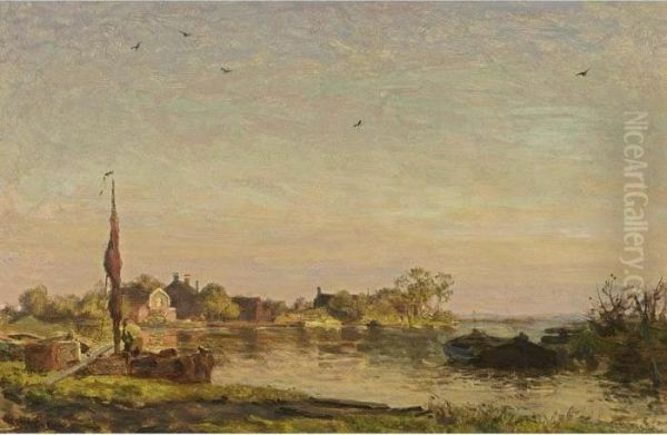 A River Landscape At Sunset Oil Painting by Willem Bastiaan Tholen