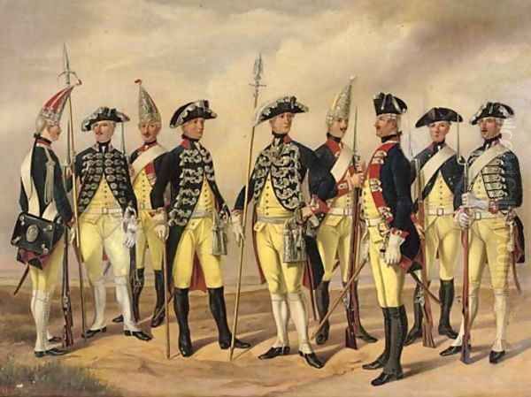 The Prussian Military in circa 1786 Soldiers of the Infantry and Artillery Oil Painting by Gustav Schwartz or Schwarz