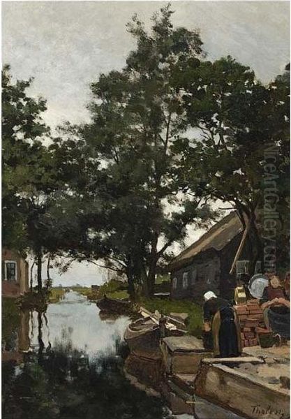 A Washerwoman Near A Canal, Giethoorn Oil Painting by Willem Bastiaan Tholen