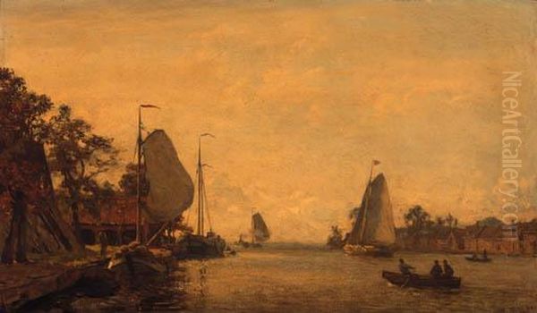 A River Landscape In Summer With Sailingboats Along A Quay Oil Painting by Willem Bastiaan Tholen