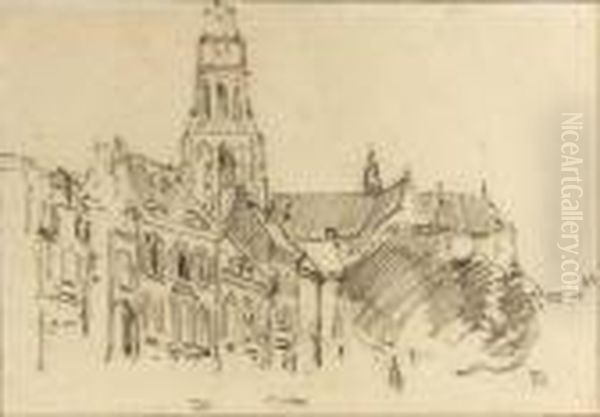 A View Of The Market, Arnhem, The Eusebius Church Beyond Oil Painting by Willem Bastiaan Tholen