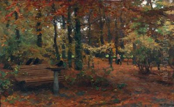 Najaar: A Forest Clearing With Crows On A Wooden Bench Oil Painting by Willem Bastiaan Tholen