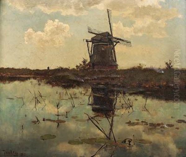 A Windmill In A Polder Landscape Oil Painting by Willem Bastiaan Tholen