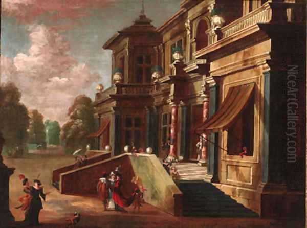 Elegant couples before a mansion Oil Painting by Jacobus Saeys