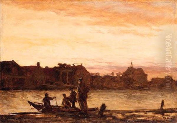 A View Of A Town Along A River With Figures In A Rowing-boat By Aquay Oil Painting by Willem Bastiaan Tholen