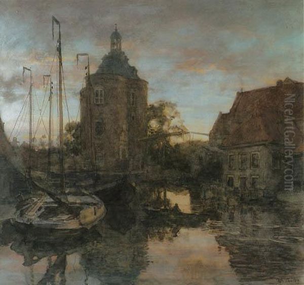 A Dutch Canal At Sunset With The Drommedaris, Enkhuizen Oil Painting by Willem Bastiaan Tholen