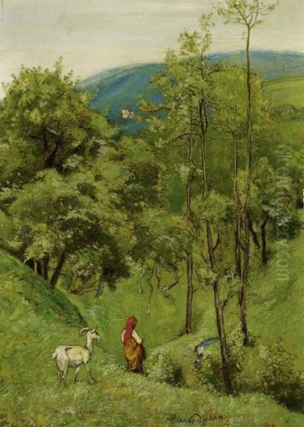 Shepherd Girl With A Goat In The Meadow Of Rolling Hills Oil Painting by Hans Thoma