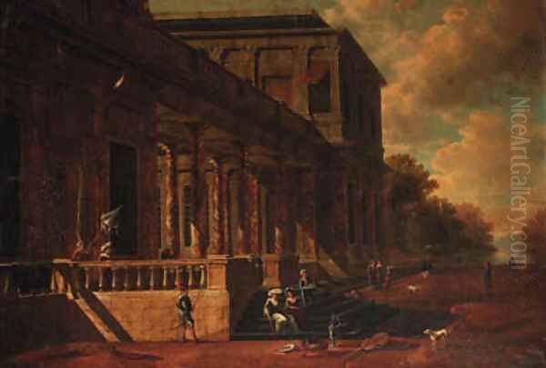 Elegant figures on the steps of a mansion, a park landscape beyond Oil Painting by Jacobus Saeys