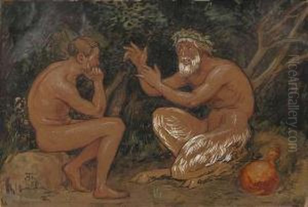 Faun And A Young Man. Oil Painting by Hans Thoma