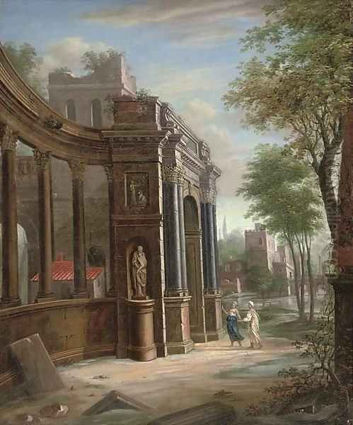 A capriccio of classical architecture with two figures conversing Oil Painting by Jacobus Saeys