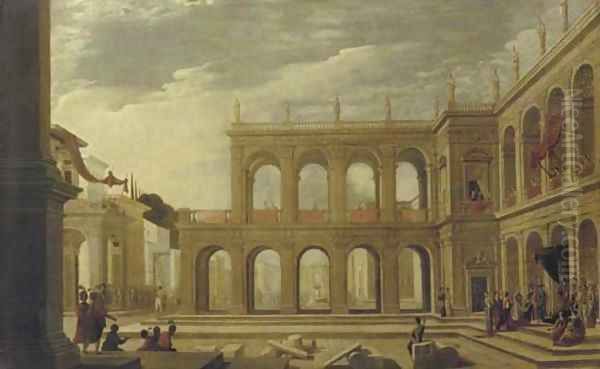 A classical palace with elegant figures in a piazza Oil Painting by Jacobus Saeys