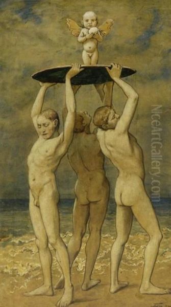 Fruhlingserwachen. Drei Junglinge Am Strand. Oil Painting by Hans Thoma