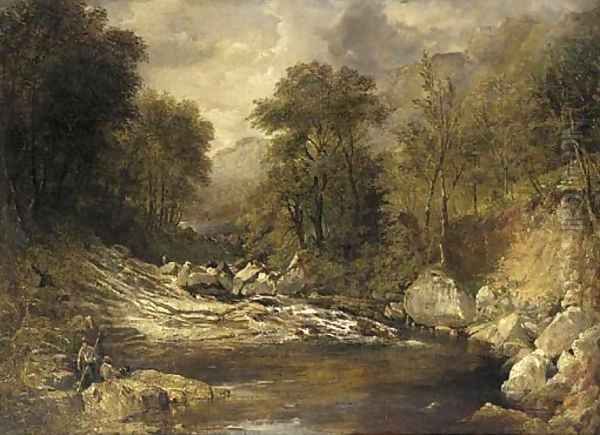 Anglers in a mountainous river landscape Oil Painting by John Brandon Smith