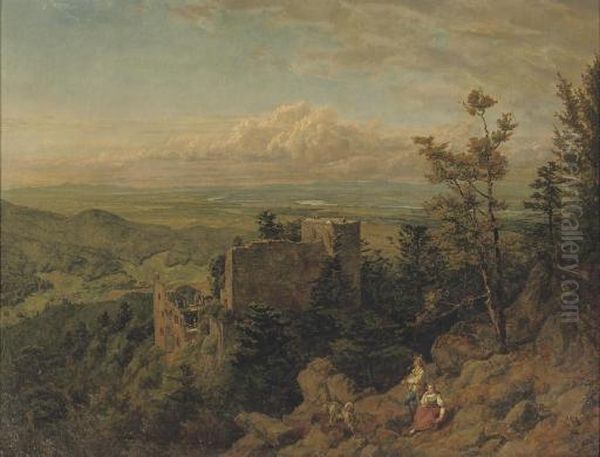 Die Burgruine Hohenbaden: Looking Out Over The Rhein Valley, Baden Baden Oil Painting by Hans Thoma