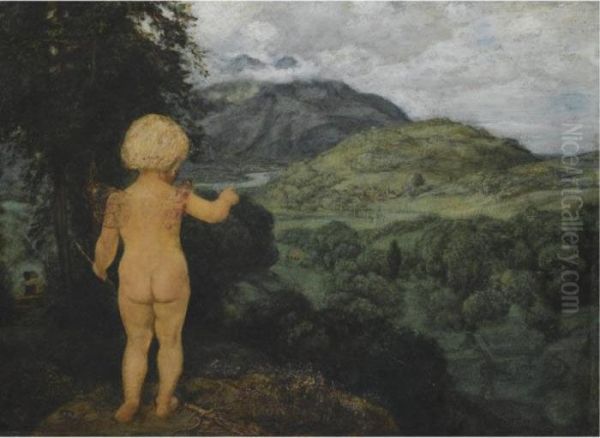 Amor Als Landschaftsmaler (cupid As Landscape Painter) Oil Painting by Hans Thoma