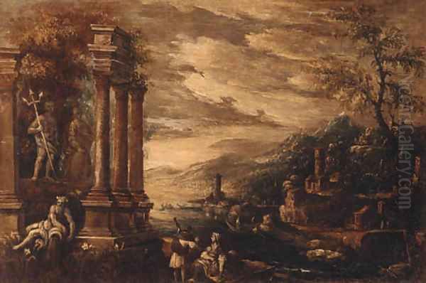 Figures by a classical ruin with the coast beyond Oil Painting by North-Italian School