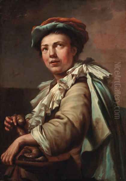 A man wearing a blue and red cap holding a bowl of sausages Oil Painting by North-Italian School