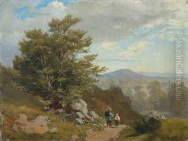 Gebirgslandschaft Mit Zwei
 Wanderern. Oil Painting by Hans Thoma