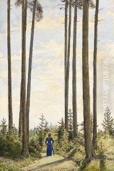 Spaziergangerin Im Villinger
 Wald. Oil Painting by Hans Thoma