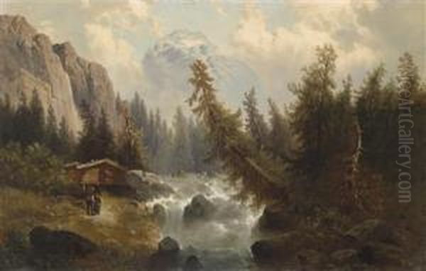 Mountain Landscape With Decorative Figures Oil Painting by Josef Thoma