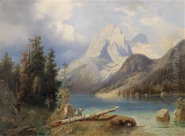 Hunter By Amountain Lake Oil Painting by Josef Thoma