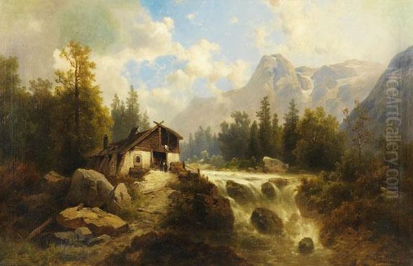 Gebirgslandschaft Mit Schmiede An Einem Bach Oil Painting by Josef Thoma