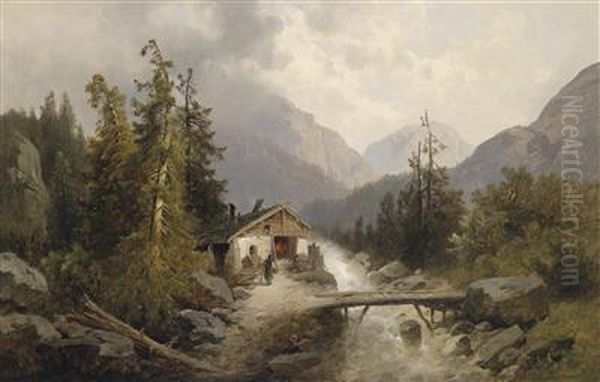 The Charcoalworks By A Mountain Stream Oil Painting by Josef Thoma