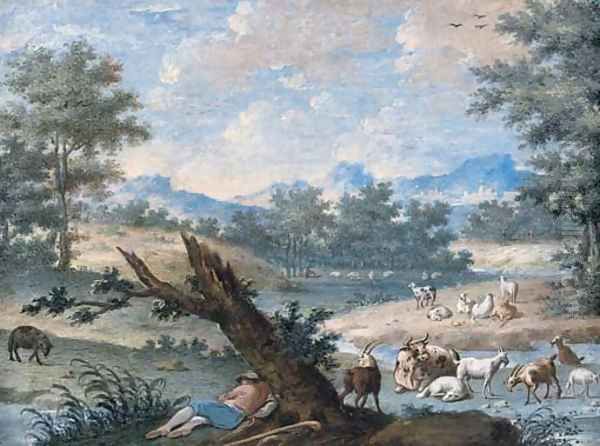 A shepherd sleeping under a tree, his flock grazing around him Oil Painting by North-Italian School