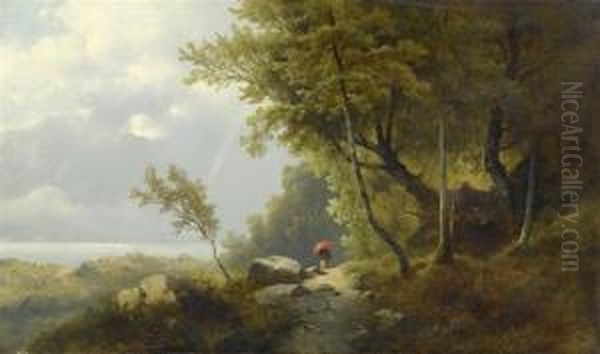 A Wooded Landscape With Woman Walker. Oil Painting by Josef Thoma