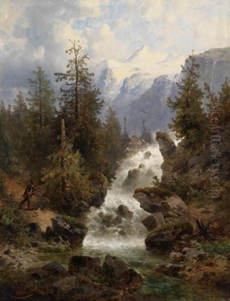 Hunter By The Waterfall Oil Painting by Josef Thoma