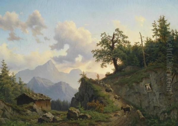 Shepherd Returning Home With His Flock Oil Painting by Josef Thoma