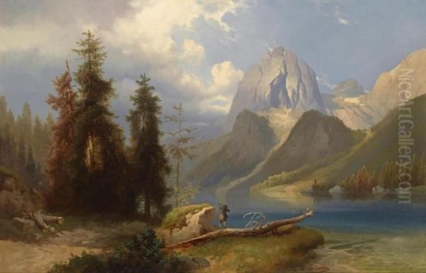 Hunter By Mountain Lake Oil Painting by Josef Thoma