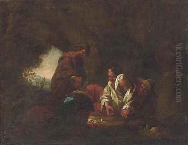 Peasants playing dice in a cave; and Peasants drinking in an interior Oil Painting by North-Italian School