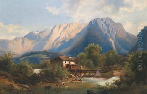 Gebirgslandschaft Mit Muhleund Figurlicher Staffage Im Vordergrund Oil Painting by Josef Thoma