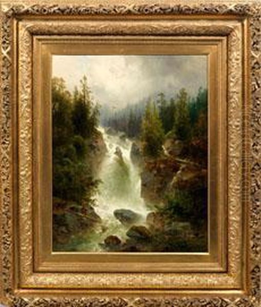 Reisender Gebirgsbach Mit Wasserfall In Den Alpen Oil Painting by Josef Thoma