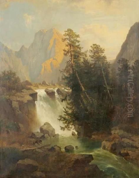 An Alpine Landscape With A Waterfall And A Bear Oil Painting by Josef Thoma