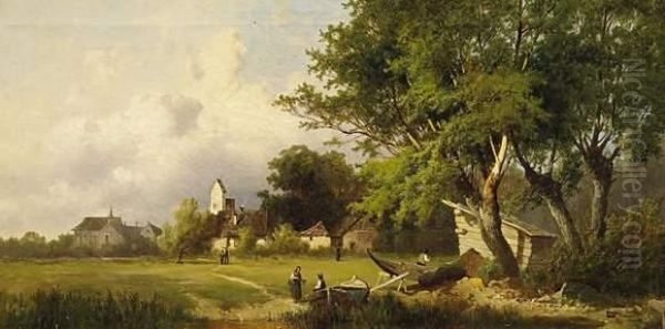 Village Landscape With River Bank Oil Painting by Josef Thoma